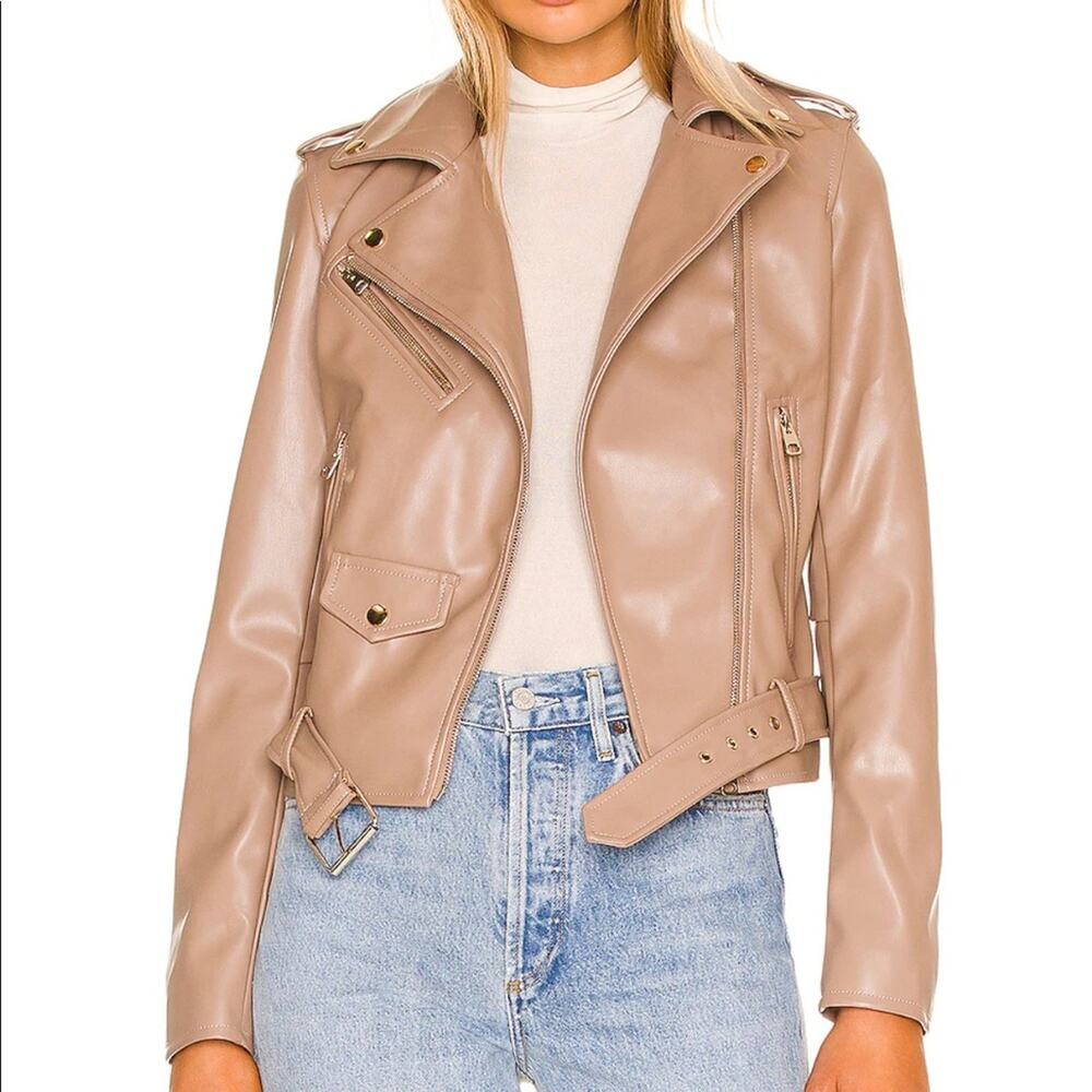Superdown Giovanna Moto Jacket in Tan Faux Leather with Pockets Zips and Belt - Picture 9 of 11